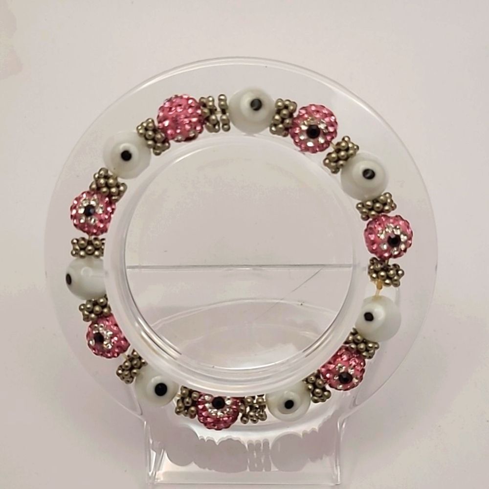 Pink Jeweled Evil Eye White Bead Stretch Bracelet